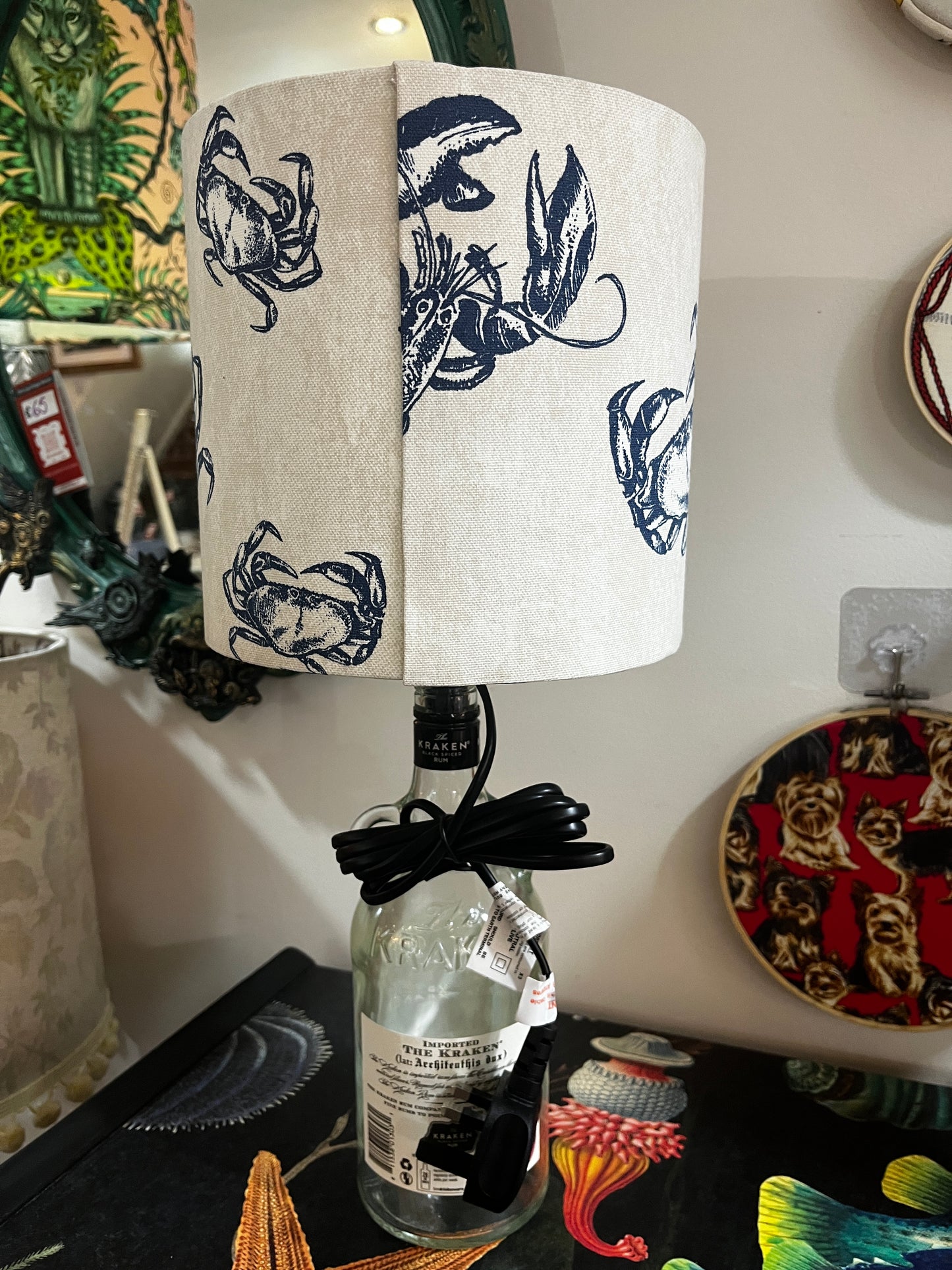 Upcycled Kraken Rum Bottle lamp with Handmade 20cm Lobster and Crab Lampshade