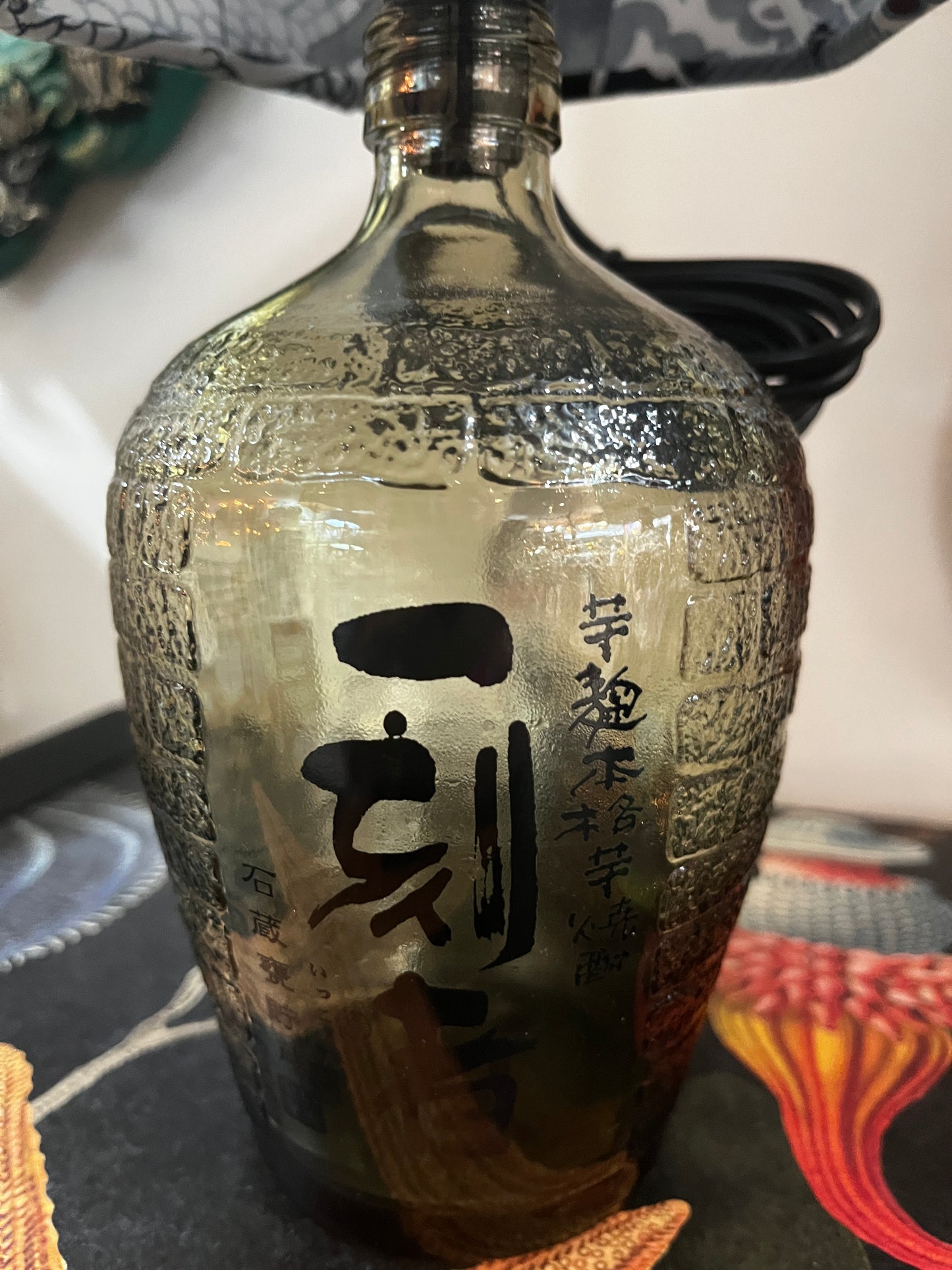 Upcycled Japanese Shochu Bottle lamp with Handmade 15cm Hexagonal Lampshade Alexander Henry Dragon Fabric