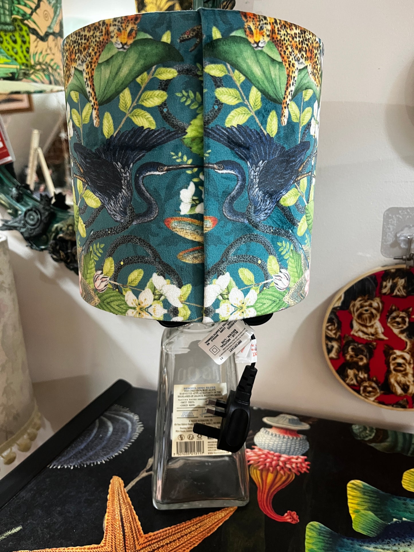 Upcycled 1800 Tequila Bottle lamp with Handmade 20cm velvet Lampshade Botanical Wonders Fabric with Herons, Koi and Leopards
