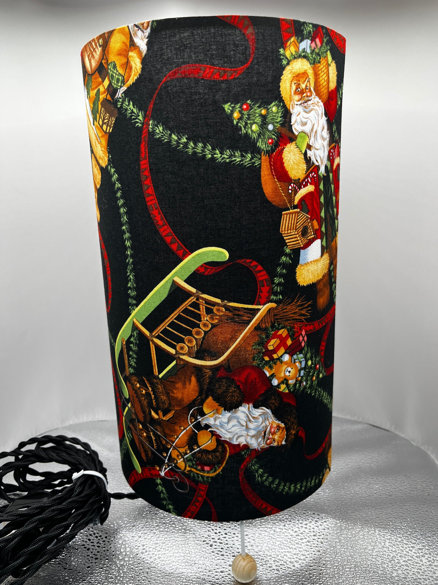 Handmade Lamp with Santa of Moose Lodge Fabric from Alexander Henry.
