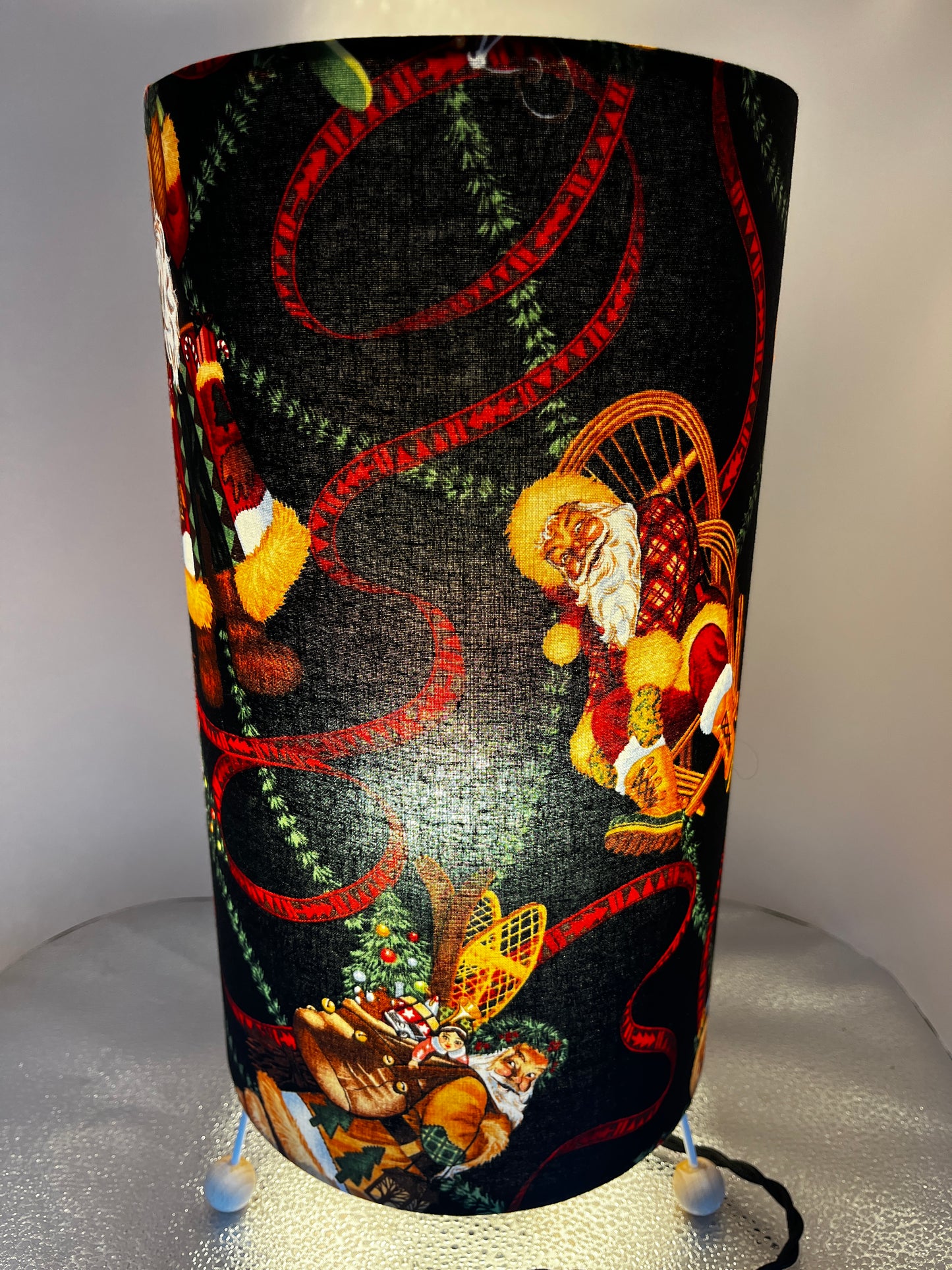 Handmade Lamp with Santa of Moose Lodge Fabric from Alexander Henry.