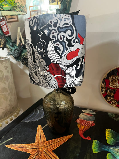 Upcycled Japanese Shochu Bottle lamp with Handmade 15cm Hexagonal Lampshade Alexander Henry Dragon Fabric