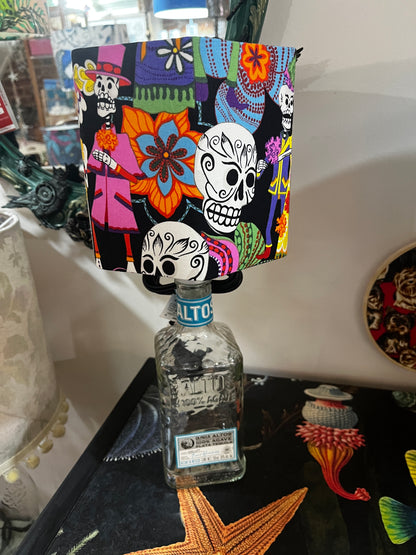 Upcycled Altos Tequila Bottle lamp with Handmade 15cm Hexagonal Lampshade Alexander Henry Sugar Skull / Día de Los Muertos Fabric