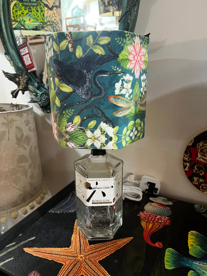 Upcycled Roko Gin Bottle lamp with Handmade 15cm Hexagonal Velvet Lampshade Botanical Wonders Fabric, with Koi and Herons
