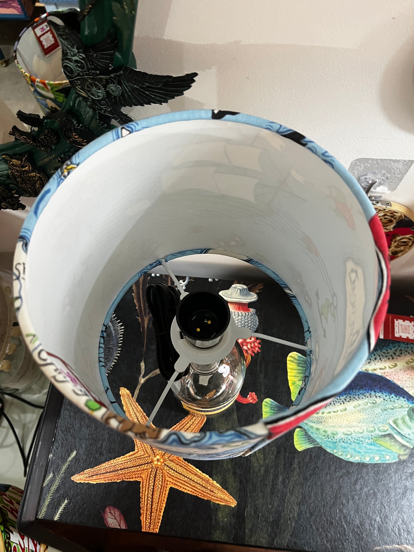 Upcycled Whitstable Harbour Gin Bottle lamp with Handmade 20cm Lampshade Treasure Map Sandersons fabric