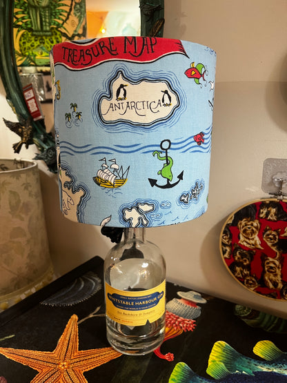 Upcycled Whitstable Harbour Gin Bottle lamp with Handmade 20cm Lampshade Treasure Map Sandersons fabric