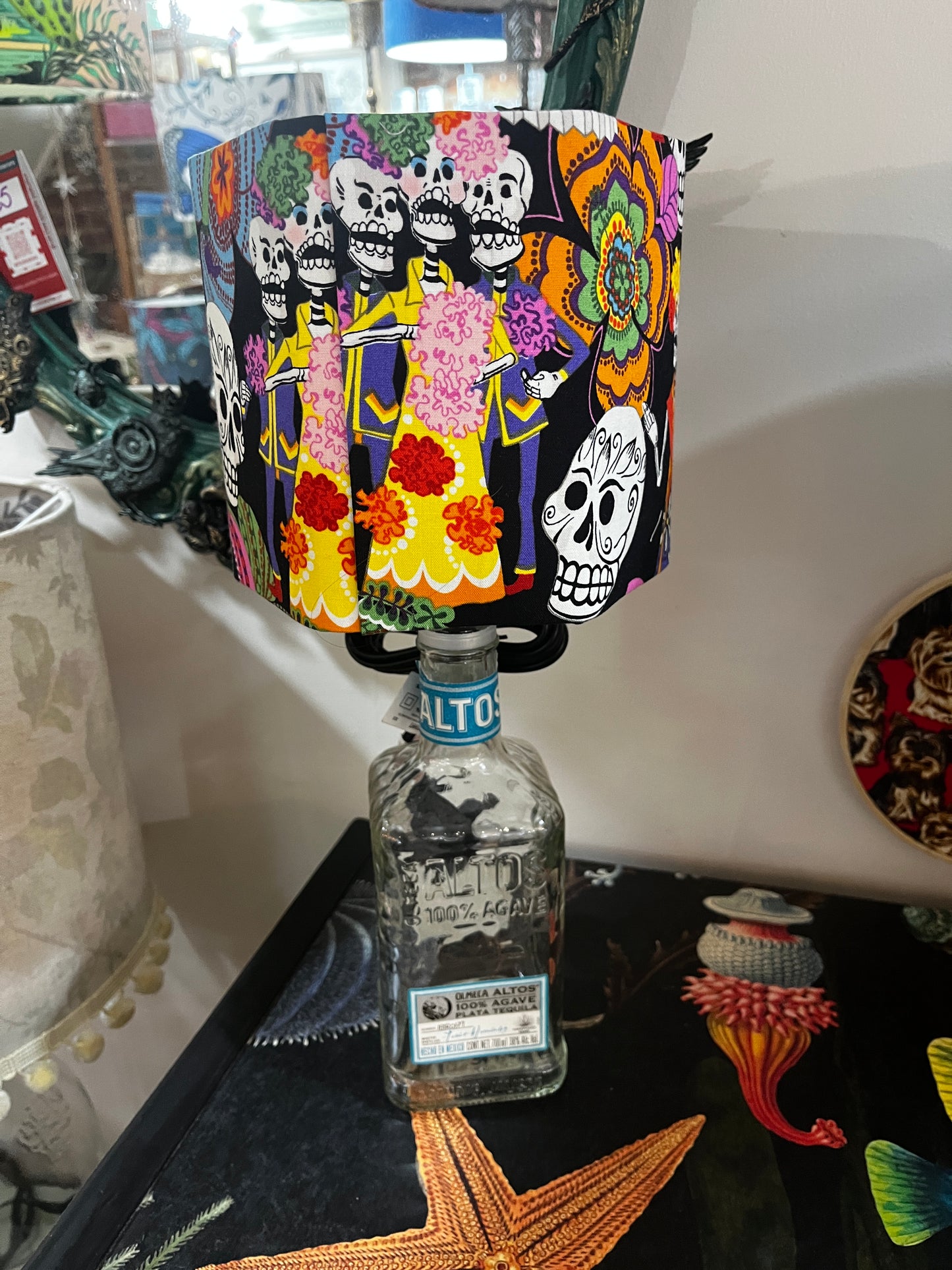 Upcycled Altos Tequila Bottle lamp with Handmade 15cm Hexagonal Lampshade Alexander Henry Sugar Skull / Día de Los Muertos Fabric