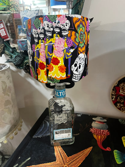 Upcycled Altos Tequila Bottle lamp with Handmade 15cm Hexagonal Lampshade Alexander Henry Sugar Skull / Día de Los Muertos Fabric