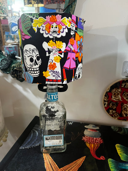 Upcycled Altos Tequila Bottle lamp with Handmade 15cm Hexagonal Lampshade Alexander Henry Sugar Skull / Día de Los Muertos Fabric