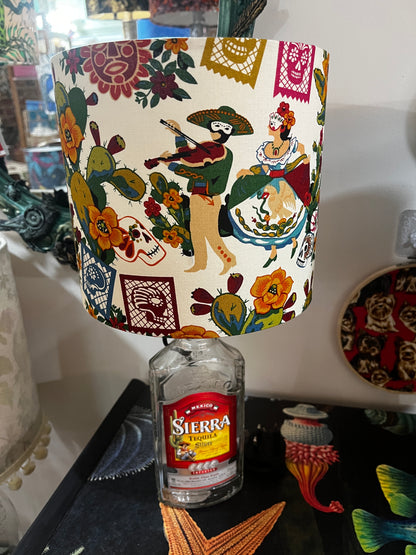 Upcycled Sierra Tequila Bottle lamp with Handmade 20cm Lampshade Alexander Henry Sugar Skull / Día de Los Muertos Fabric