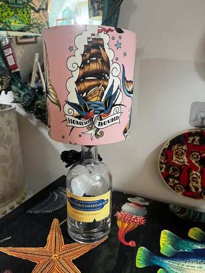 Upcycled Whitstable Harbour Gin Bottle lamp with Handmade 15cm Lampshade Mermaid Alexander Henry fabric