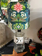 Upcycled Roko Gin Bottle lamp with Handmade 15cm Hexagonal Velvet Lampshade Botanical Wonders Fabric, with Koi and Herons