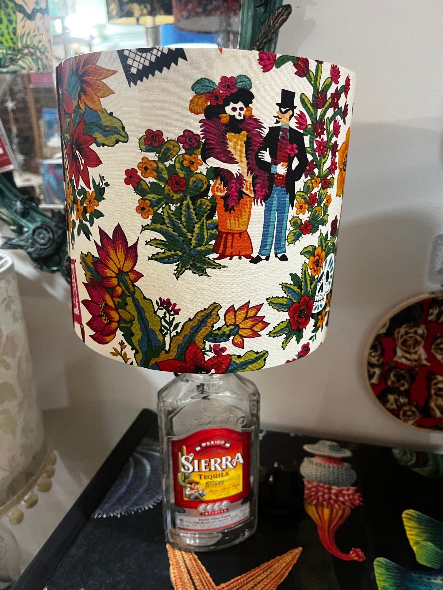 Upcycled Sierra Tequila Bottle lamp with Handmade 20cm Lampshade Alexander Henry Sugar Skull / Día de Los Muertos Fabric