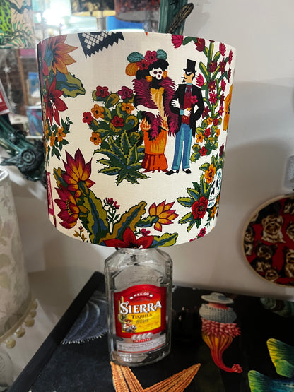 Upcycled Sierra Tequila Bottle lamp with Handmade 20cm Lampshade Alexander Henry Sugar Skull / Día de Los Muertos Fabric