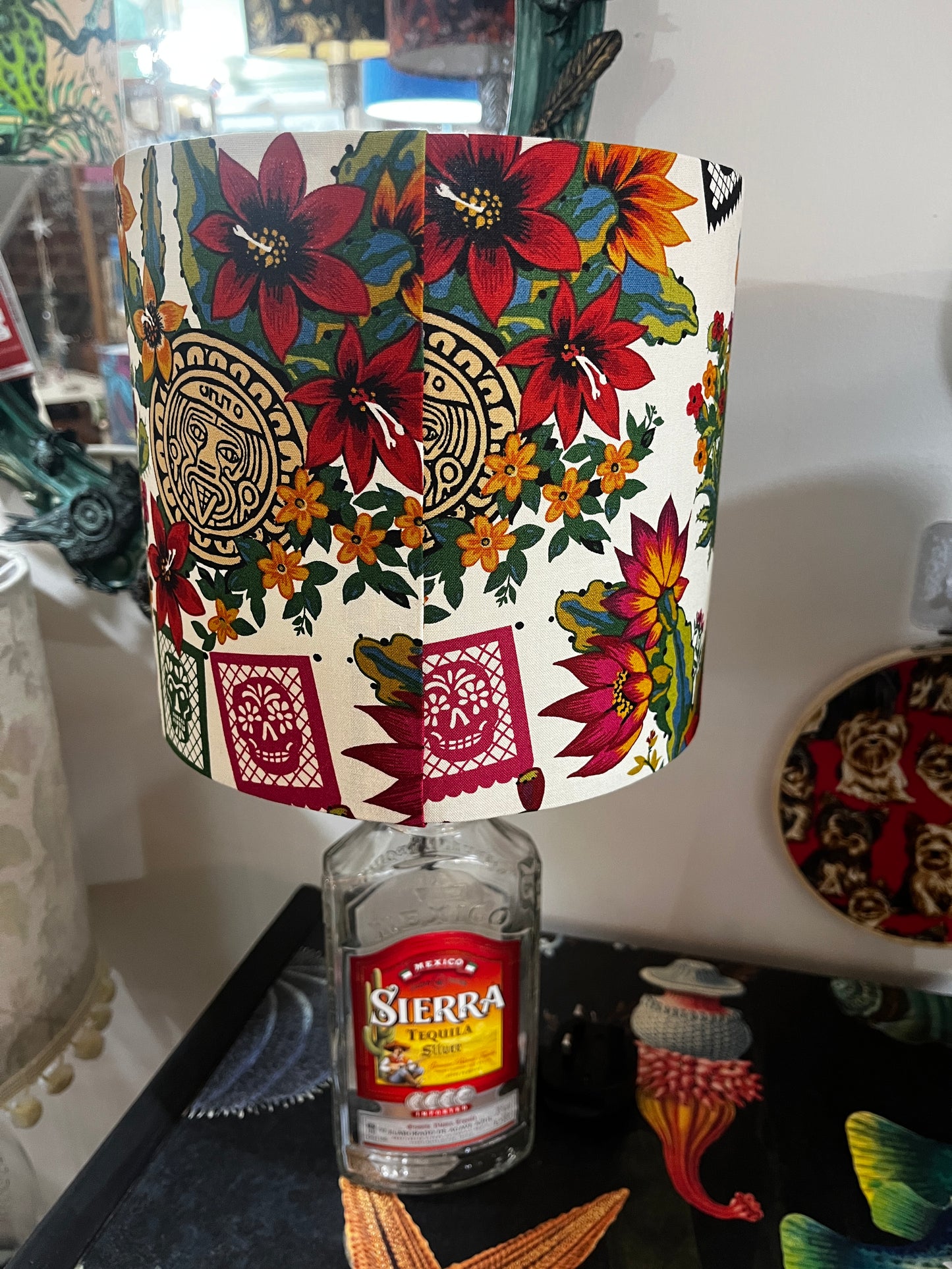 Upcycled Sierra Tequila Bottle lamp with Handmade 20cm Lampshade Alexander Henry Sugar Skull / Día de Los Muertos Fabric