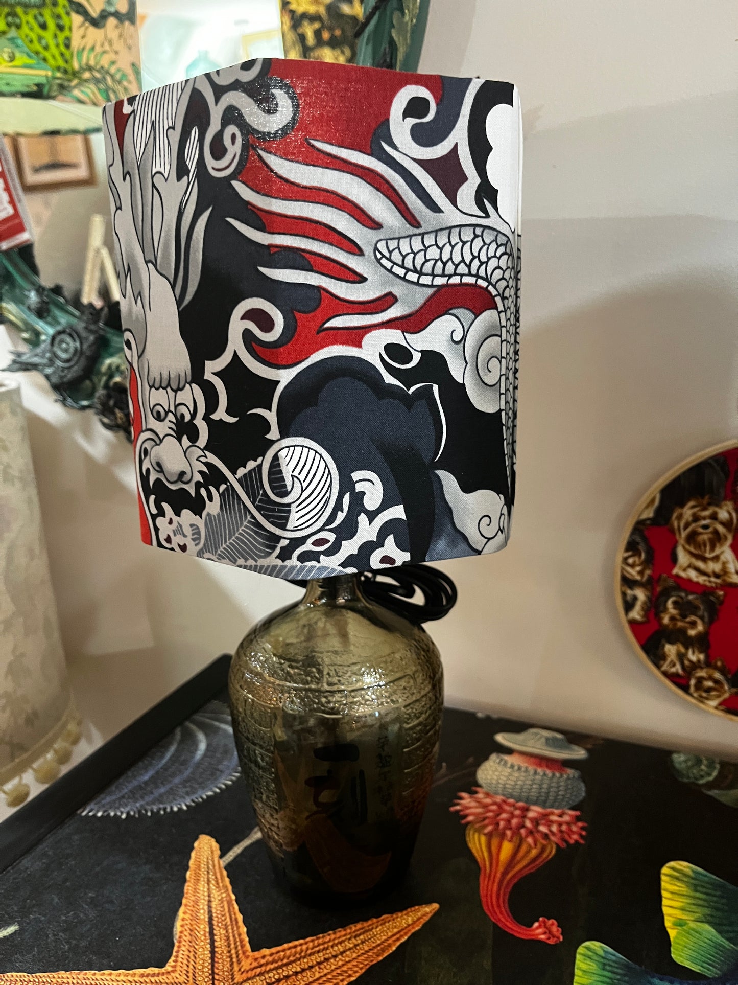 Upcycled Japanese Shochu Bottle lamp with Handmade 15cm Hexagonal Lampshade Alexander Henry Dragon Fabric