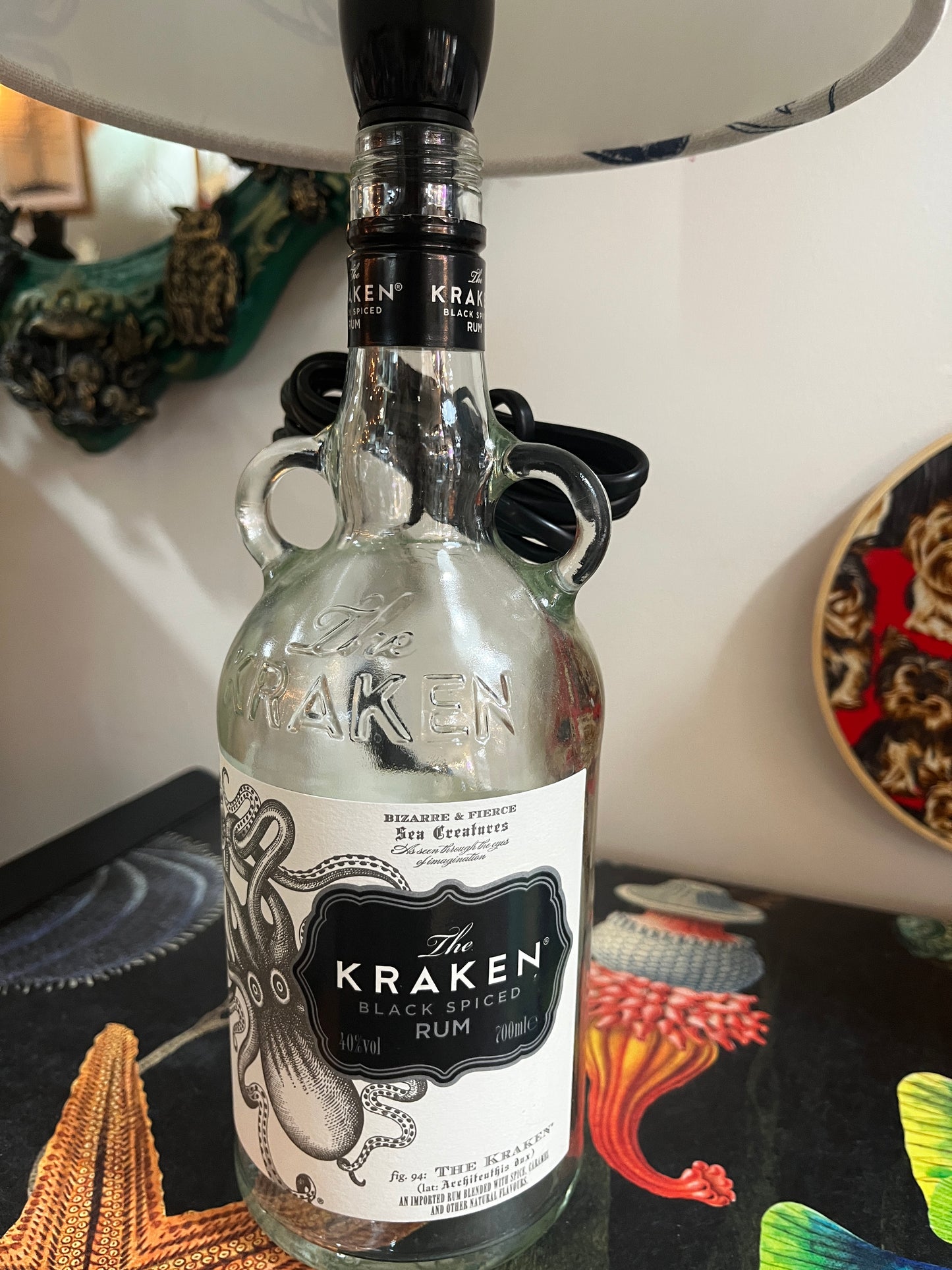Upcycled Kraken Rum Bottle lamp with Handmade 20cm Lobster and Crab Lampshade