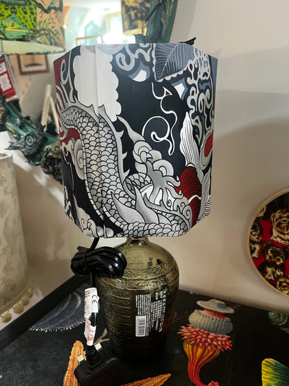 Upcycled Japanese Shochu Bottle lamp with Handmade 15cm Hexagonal Lampshade Alexander Henry Dragon Fabric
