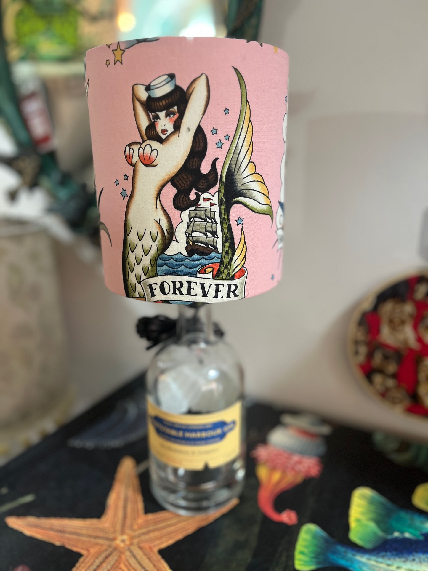 Upcycled Whitstable Harbour Gin Bottle lamp with Handmade 15cm Lampshade Mermaid Alexander Henry fabric