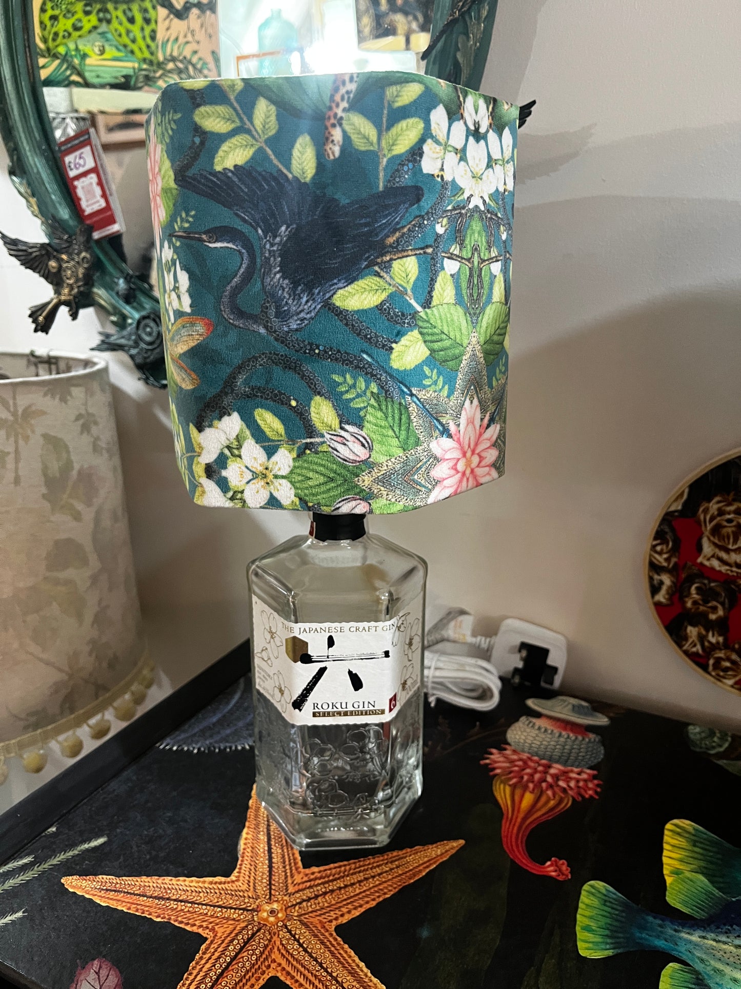 Upcycled Roko Gin Bottle lamp with Handmade 15cm Hexagonal Velvet Lampshade Botanical Wonders Fabric, with Koi and Herons