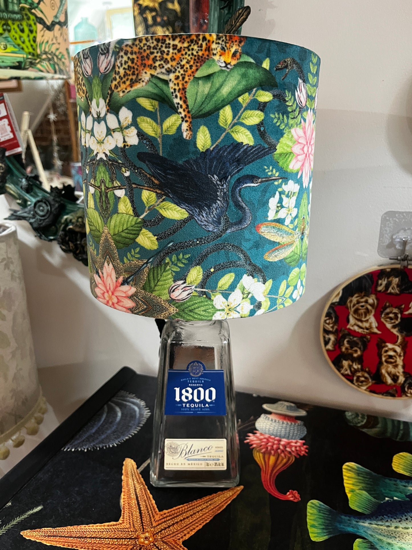 Upcycled 1800 Tequila Bottle lamp with Handmade 20cm velvet Lampshade Botanical Wonders Fabric with Herons, Koi and Leopards
