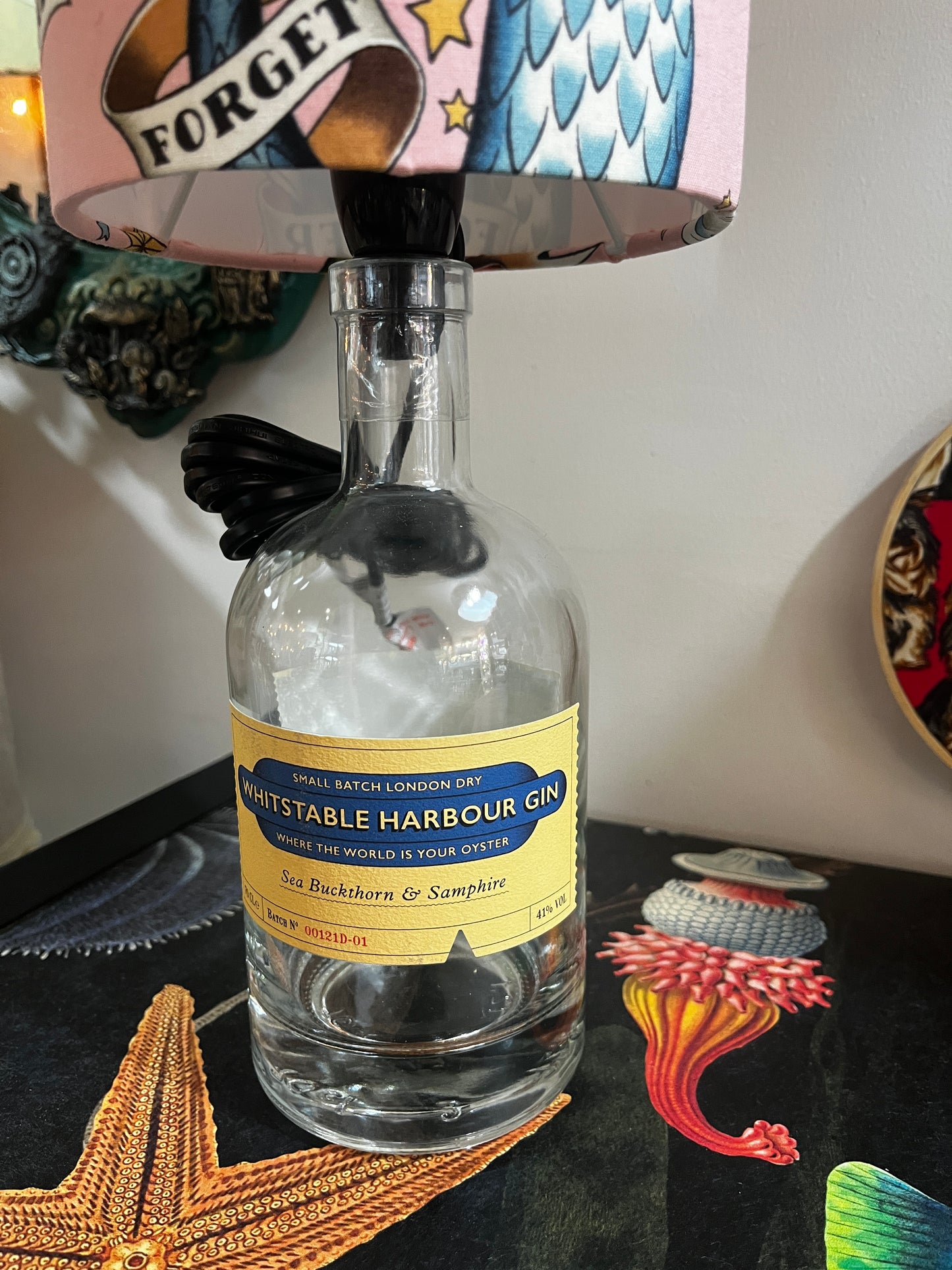 Upcycled Whitstable Harbour Gin Bottle lamp with Handmade 15cm Lampshade Mermaid Alexander Henry fabric