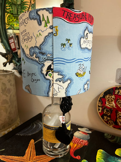 Upcycled Whitstable Harbour Gin Bottle lamp with Handmade 20cm Lampshade Treasure Map Sandersons fabric