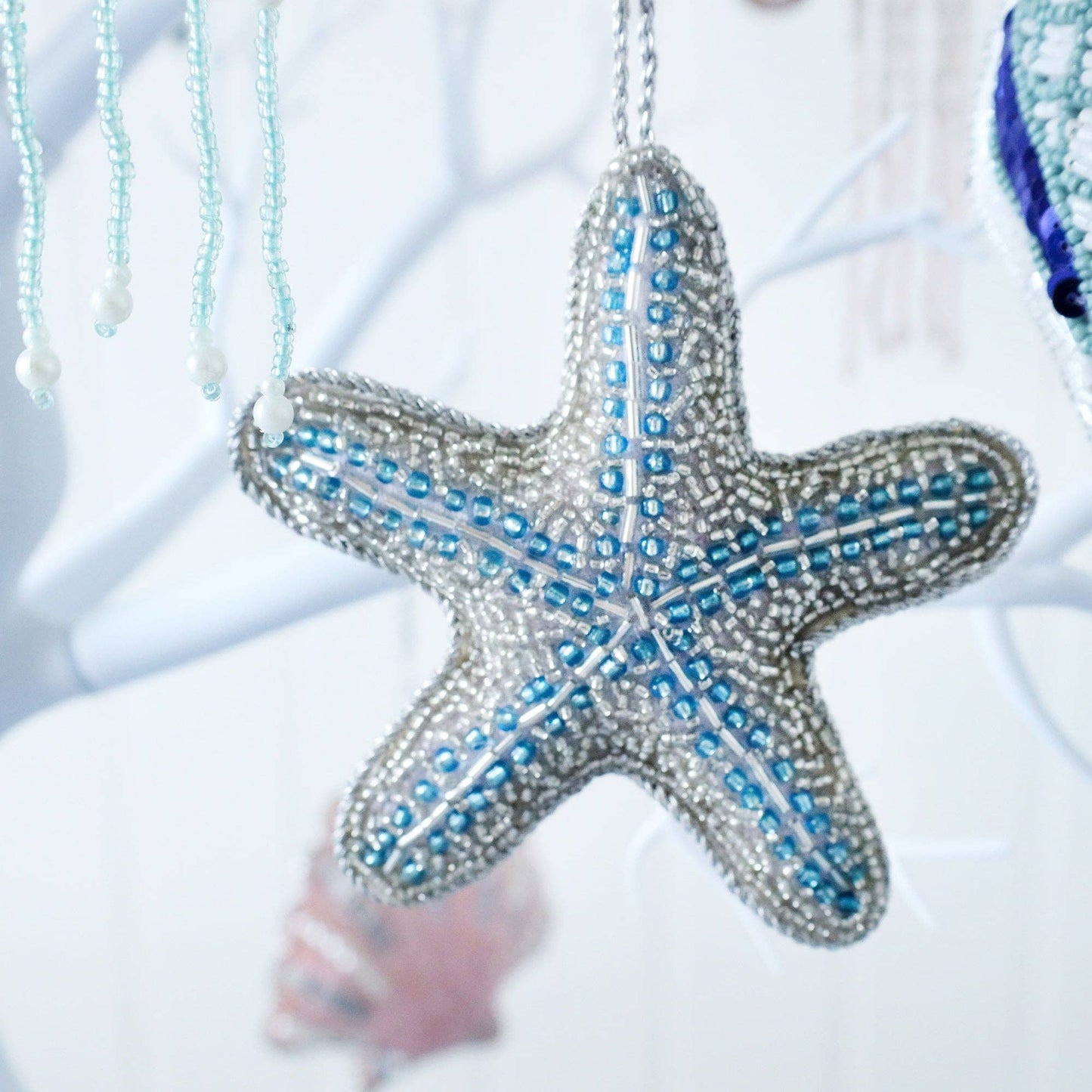 Cream Cornwall - Beaded Blue Starfish Hanging Decoration.