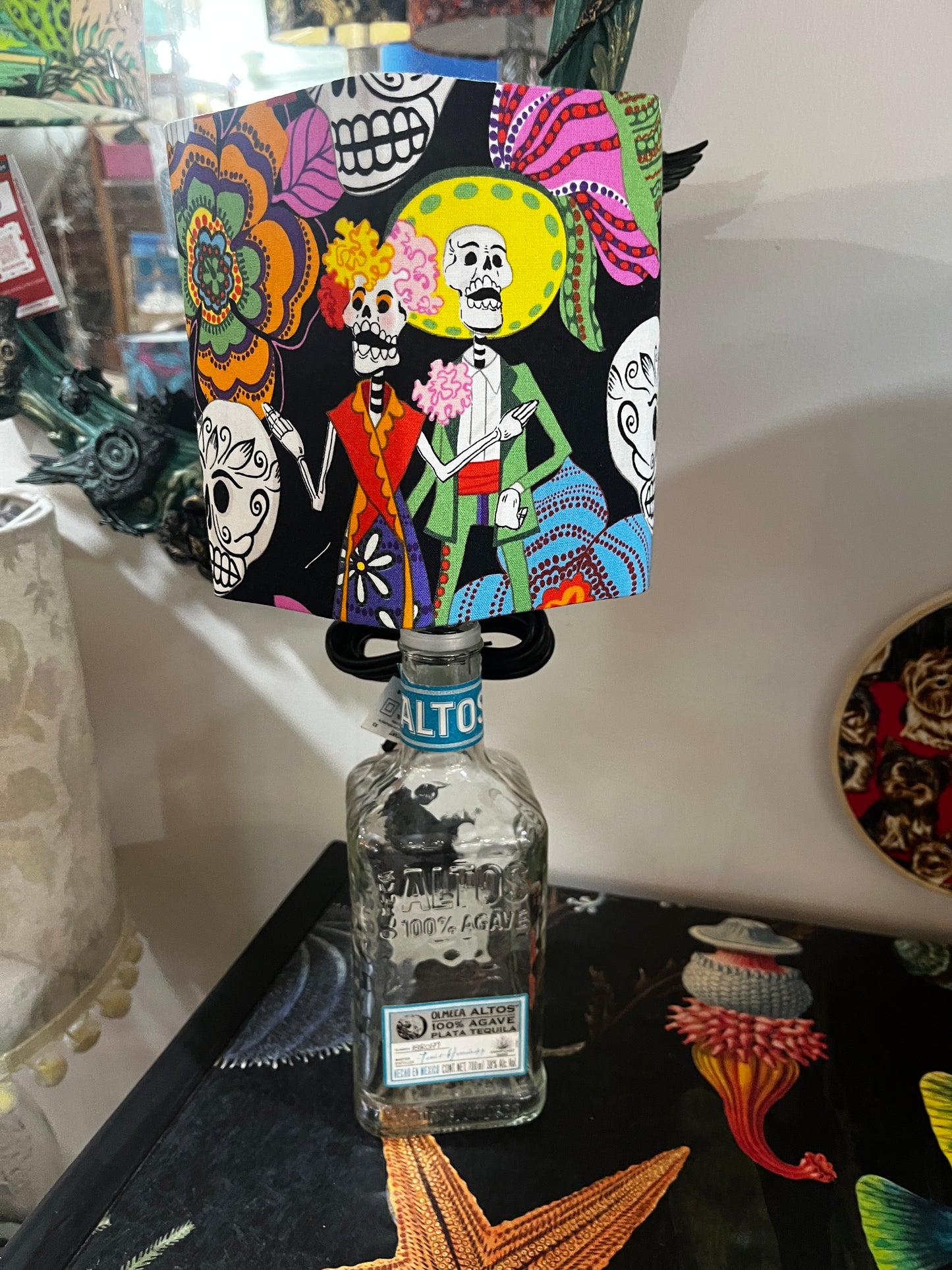 Upcycled Altos Tequila Bottle lamp with Handmade 15cm Hexagonal Lampshade Alexander Henry Sugar Skull / Día de Los Muertos Fabric