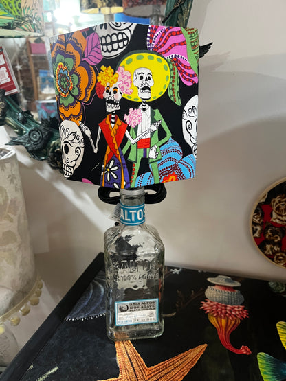 Upcycled Altos Tequila Bottle lamp with Handmade 15cm Hexagonal Lampshade Alexander Henry Sugar Skull / Día de Los Muertos Fabric