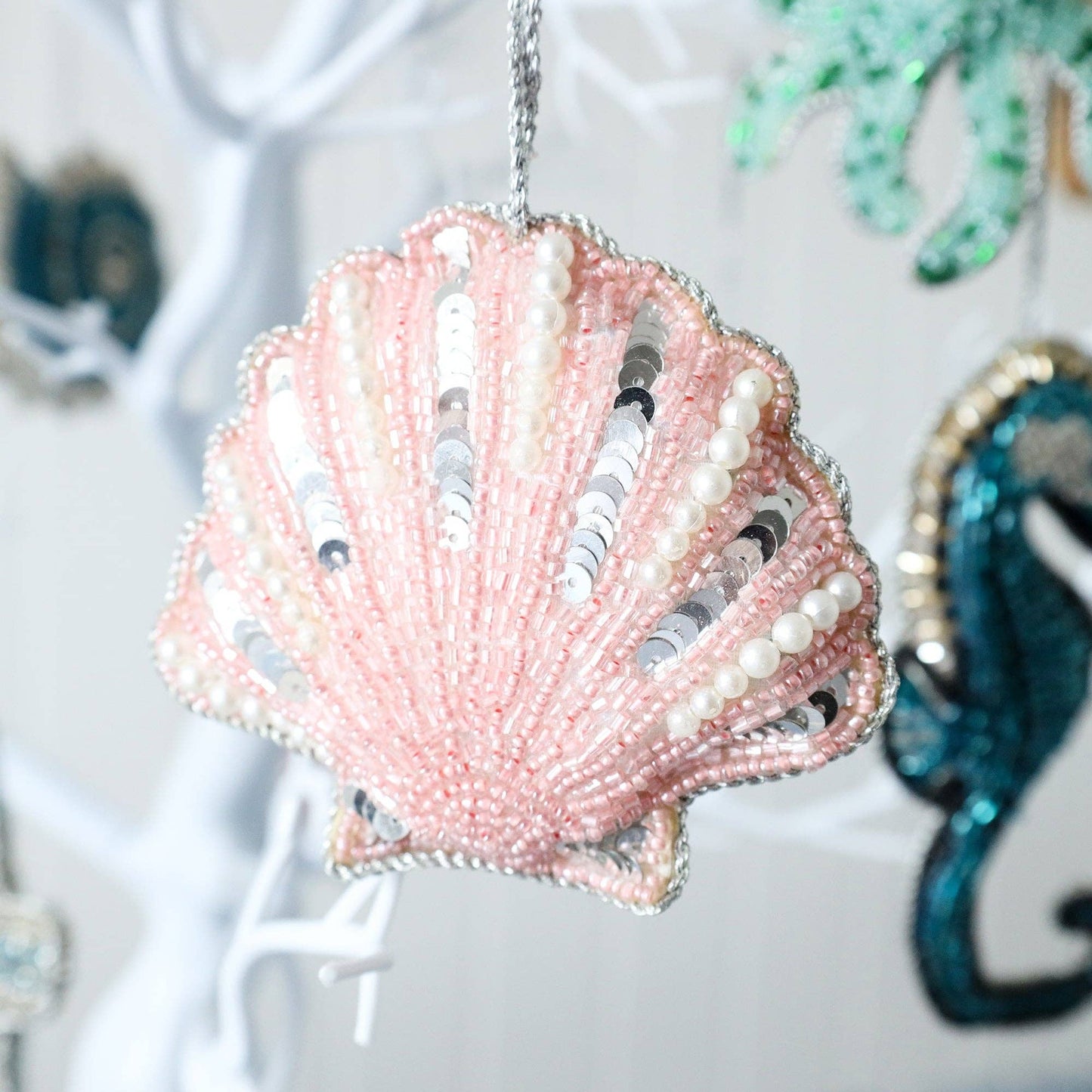 Cream Cornwall - Beaded Pink Scallop Shell Hanging Decoration.