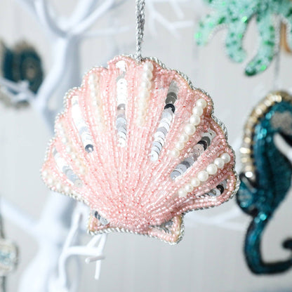 Cream Cornwall - Beaded Pink Scallop Shell Hanging Decoration.