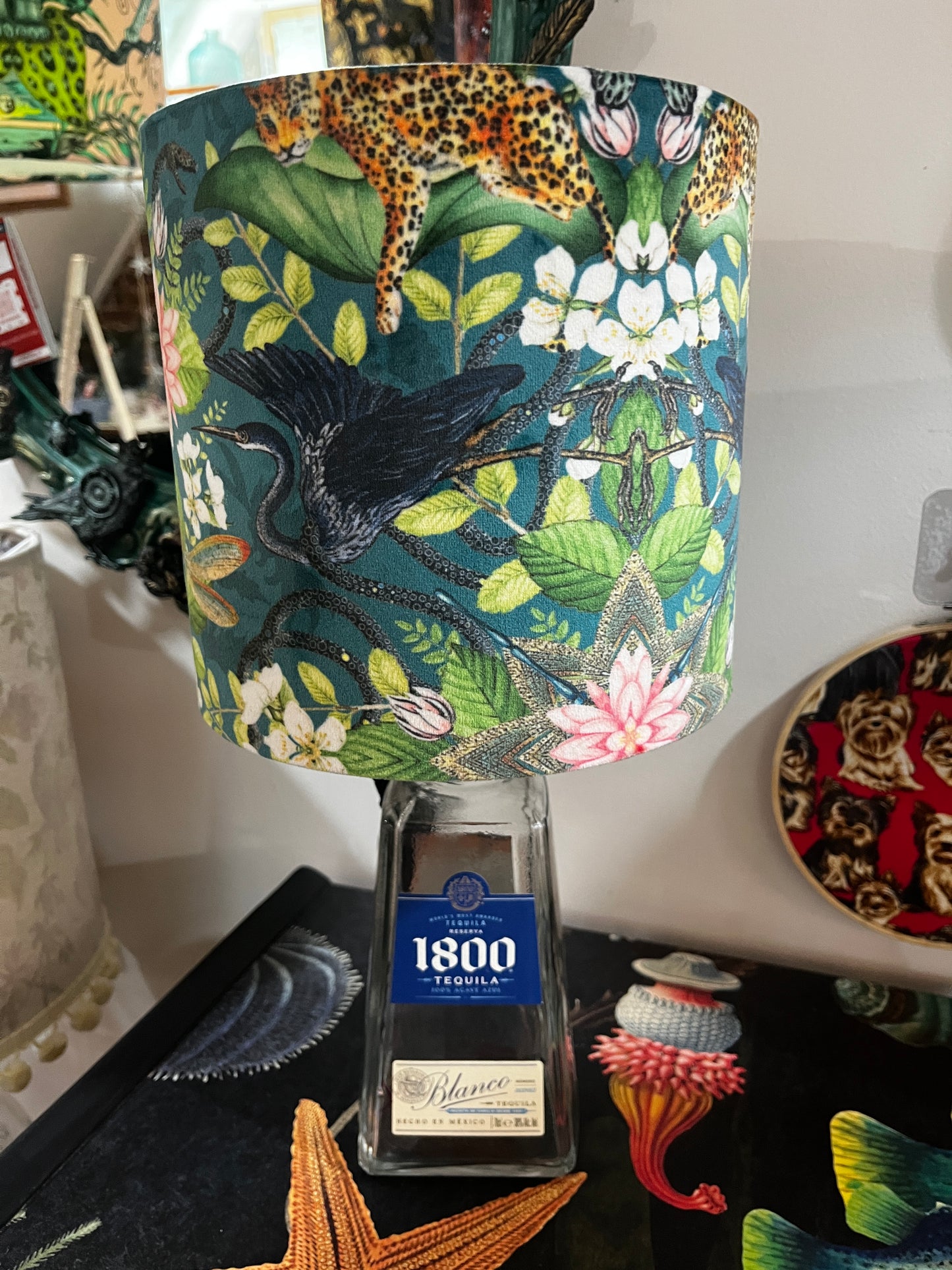 Upcycled 1800 Tequila Bottle lamp with Handmade 20cm velvet Lampshade Botanical Wonders Fabric with Herons, Koi and Leopards