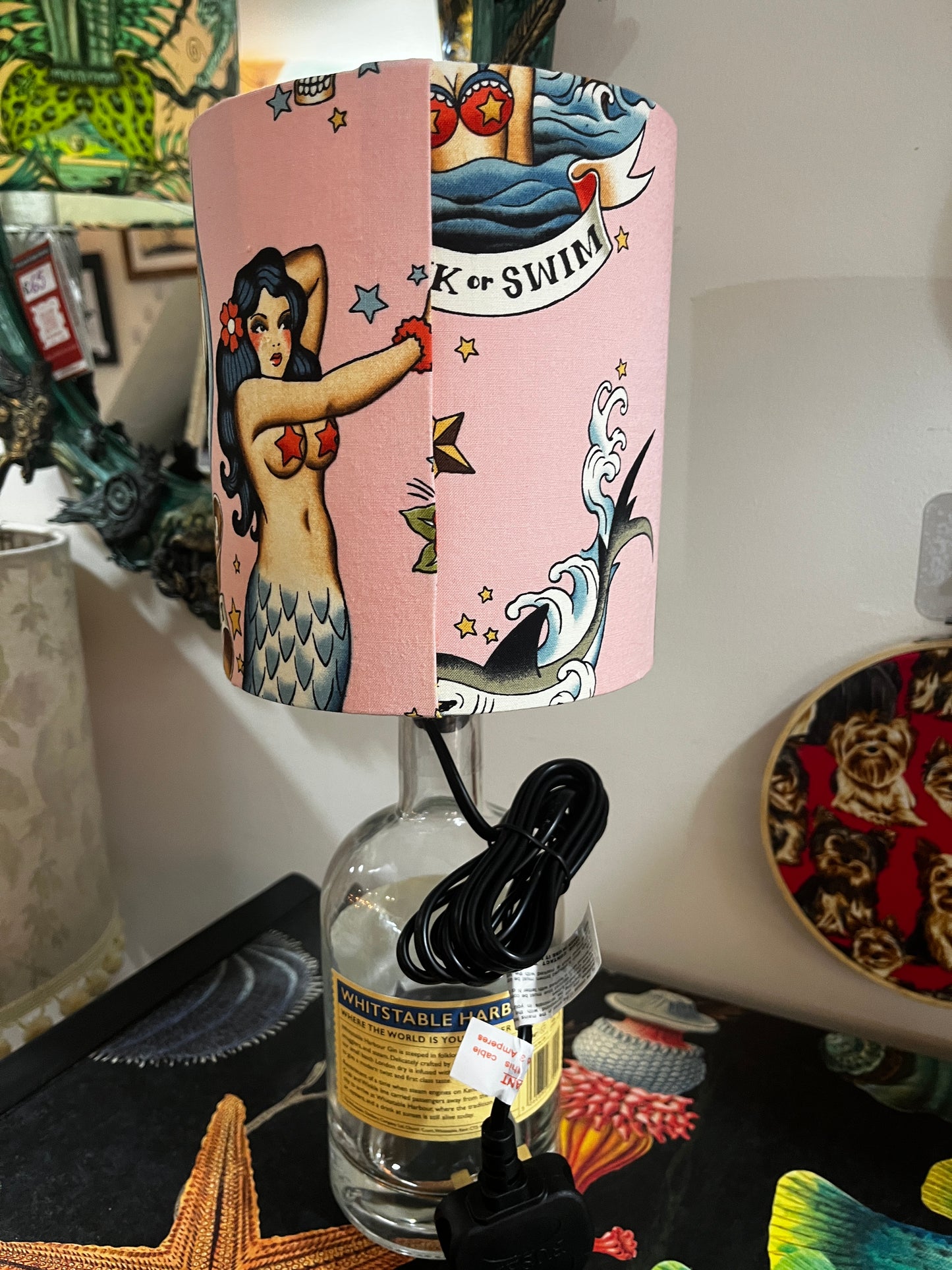 Upcycled Whitstable Harbour Gin Bottle lamp with Handmade 15cm Lampshade Mermaid Alexander Henry fabric