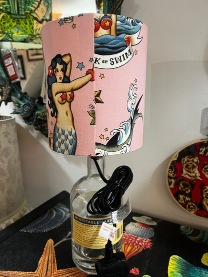 Upcycled Whitstable Harbour Gin Bottle lamp with Handmade 15cm Lampshade Mermaid Alexander Henry fabric