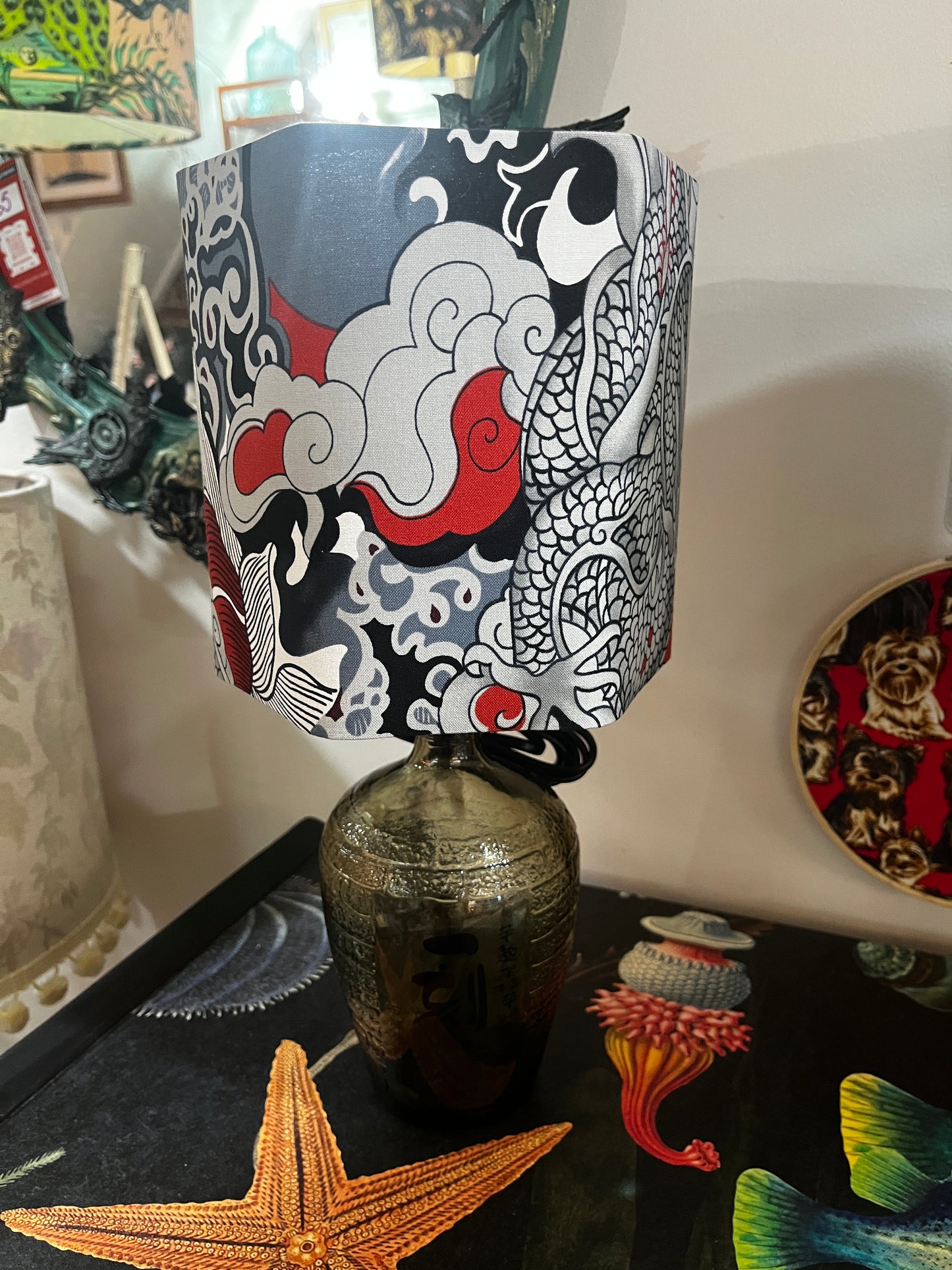 Upcycled Japanese Shochu Bottle lamp with Handmade 15cm Hexagonal Lampshade Alexander Henry Dragon Fabric