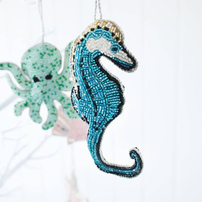 Cream Cornwall - Beaded Blue Seahorse Hanging Decoration