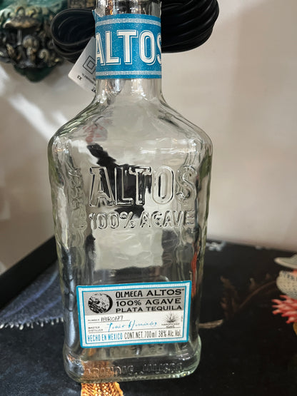 Upcycled Altos Tequila Bottle lamp with Handmade 15cm Hexagonal Lampshade Alexander Henry Sugar Skull / Día de Los Muertos Fabric