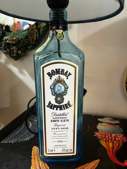 Upcycled Bombay Sapphire Gin Bottle lamp with Handmade 20cm Lampshade with the Whitstable Red Sands Maunsell Forts.