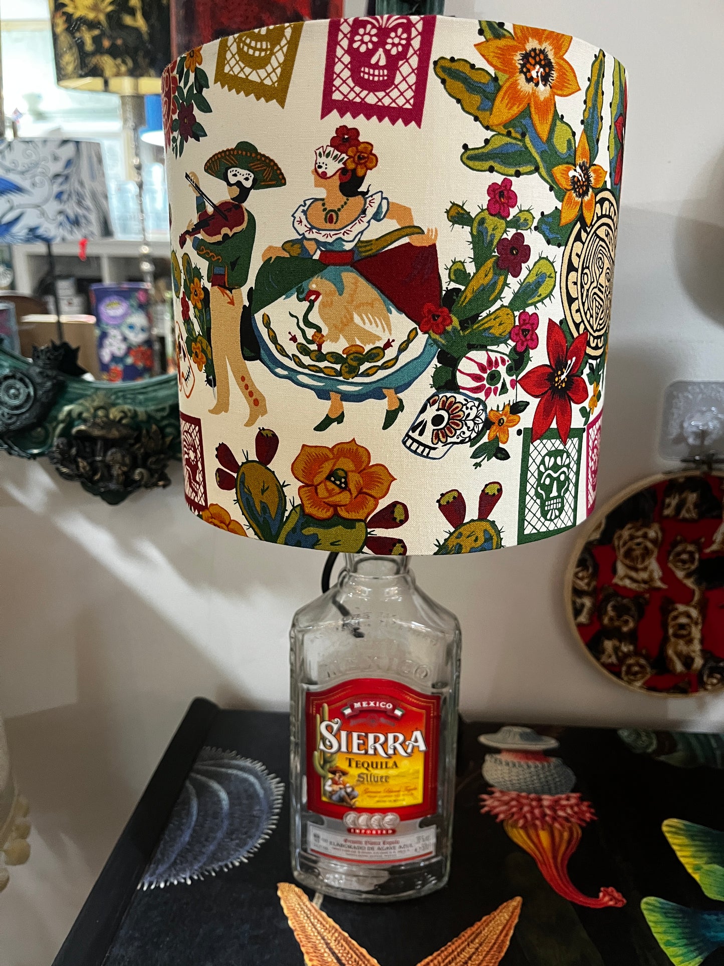 Upcycled Sierra Tequila Bottle lamp with Handmade 20cm Lampshade Alexander Henry Sugar Skull / Día de Los Muertos Fabric