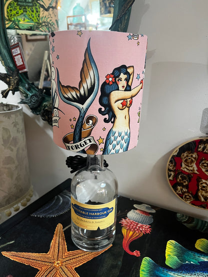 Upcycled Whitstable Harbour Gin Bottle lamp with Handmade 15cm Lampshade Mermaid Alexander Henry fabric