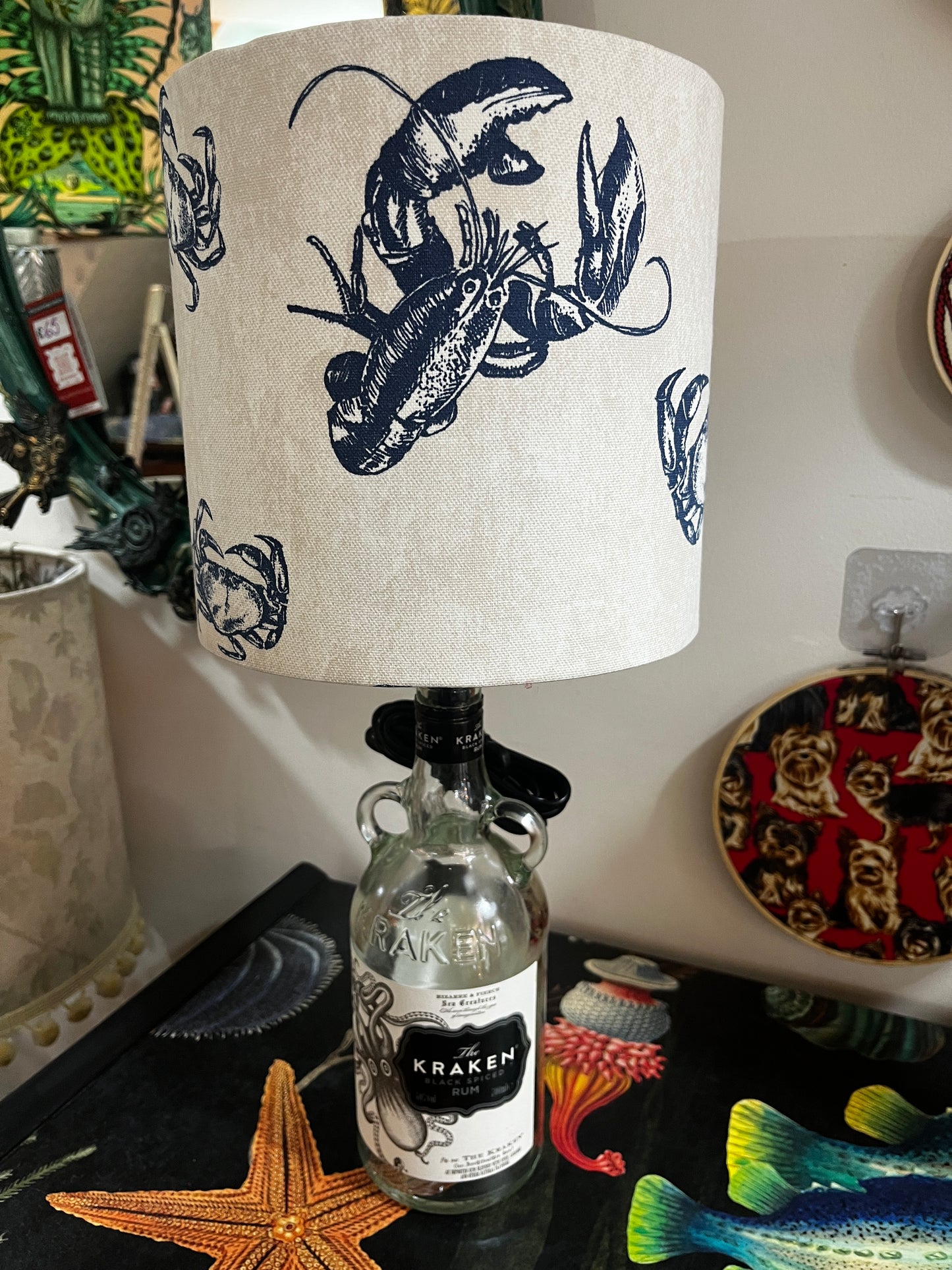 Upcycled Kraken Rum Bottle lamp with Handmade 20cm Lobster and Crab Lampshade