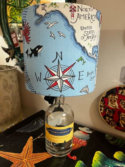 Upcycled Whitstable Harbour Gin Bottle lamp with Handmade 20cm Lampshade Treasure Map Sandersons fabric