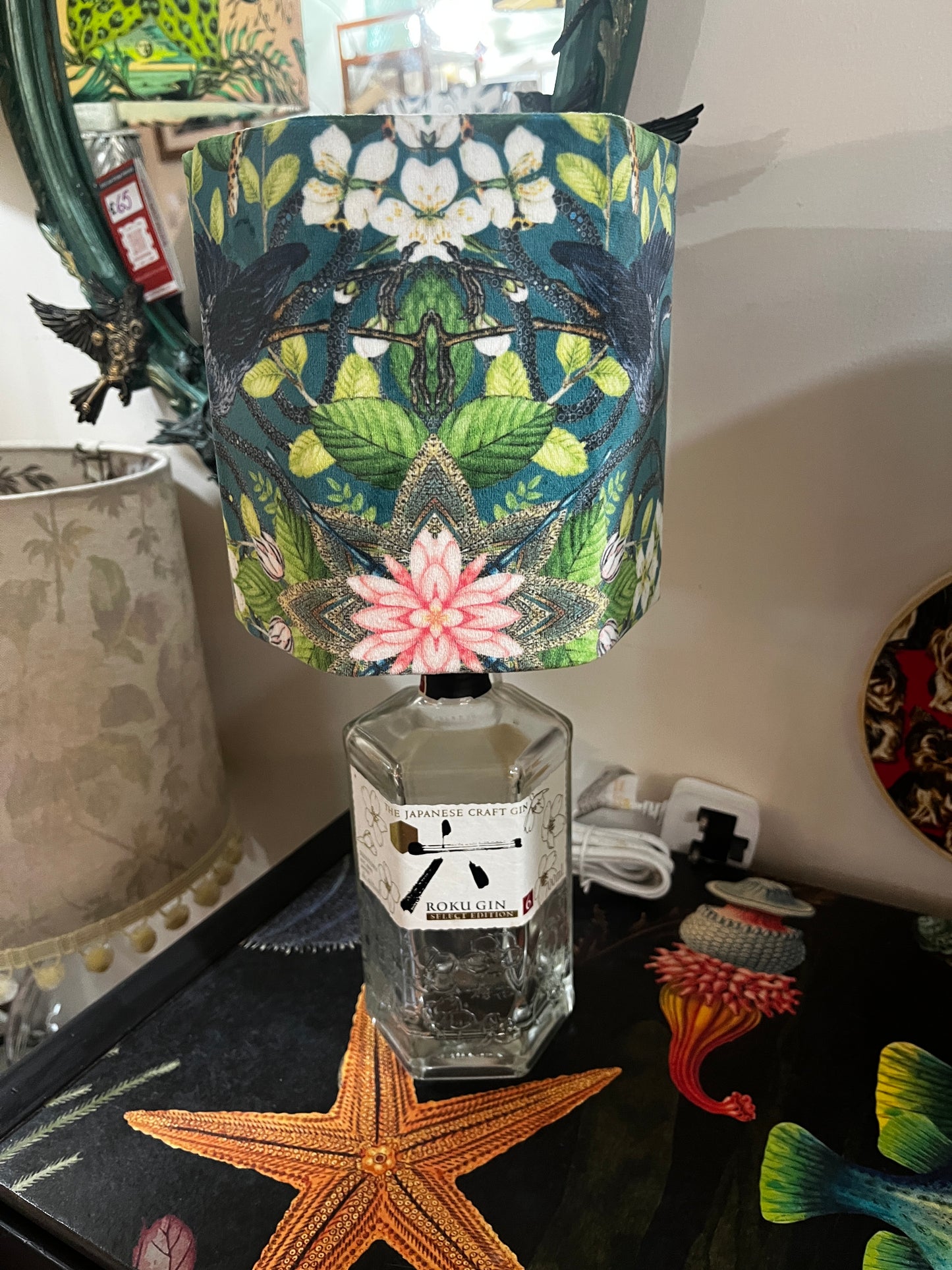 Upcycled Roko Gin Bottle lamp with Handmade 15cm Hexagonal Velvet Lampshade Botanical Wonders Fabric, with Koi and Herons