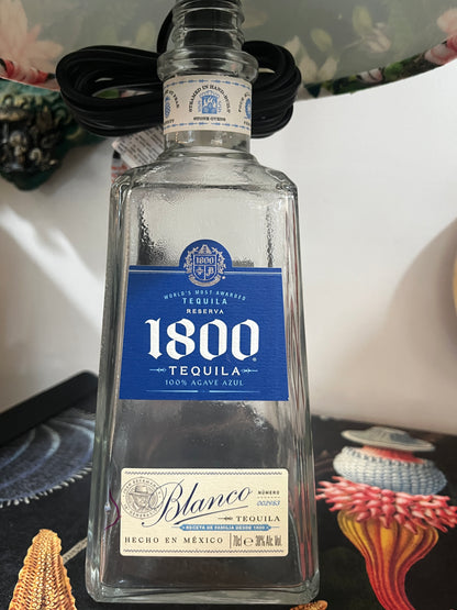 Upcycled 1800 Tequila Bottle lamp with Handmade 20cm velvet Lampshade Botanical Wonders Fabric with Herons, Koi and Leopards