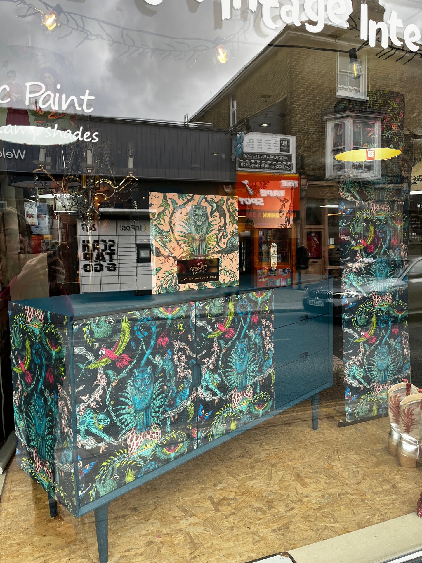 Shop window with large upcyled sideboard in Brits Love Vintage Whitstable 