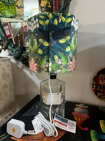 Upcycled Roko Gin Bottle lamp with Handmade 15cm Hexagonal Velvet Lampshade Botanical Wonders Fabric, with Koi and Herons