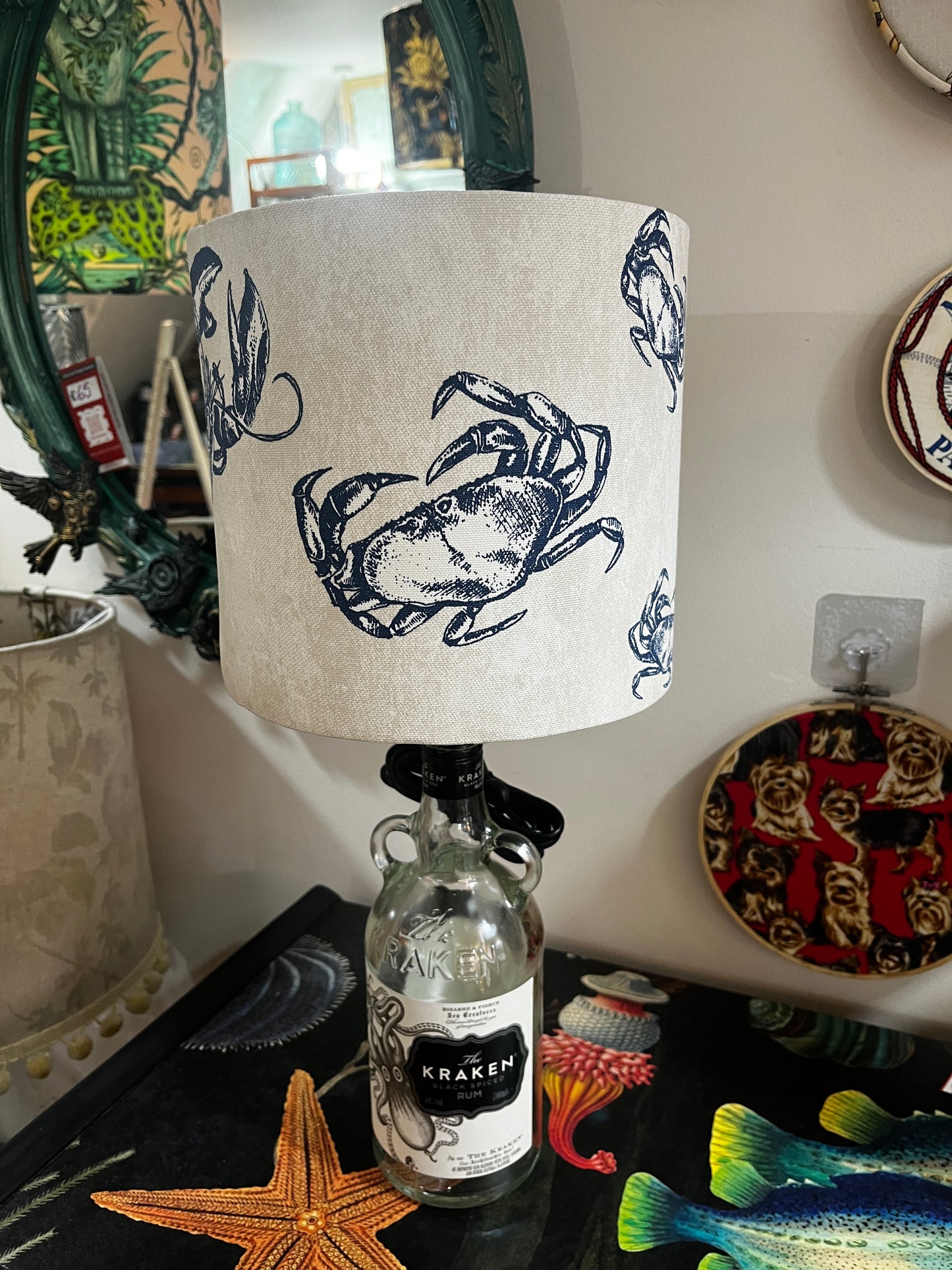 Upcycled Kraken Rum Bottle lamp with Handmade 20cm Lobster and Crab Lampshade