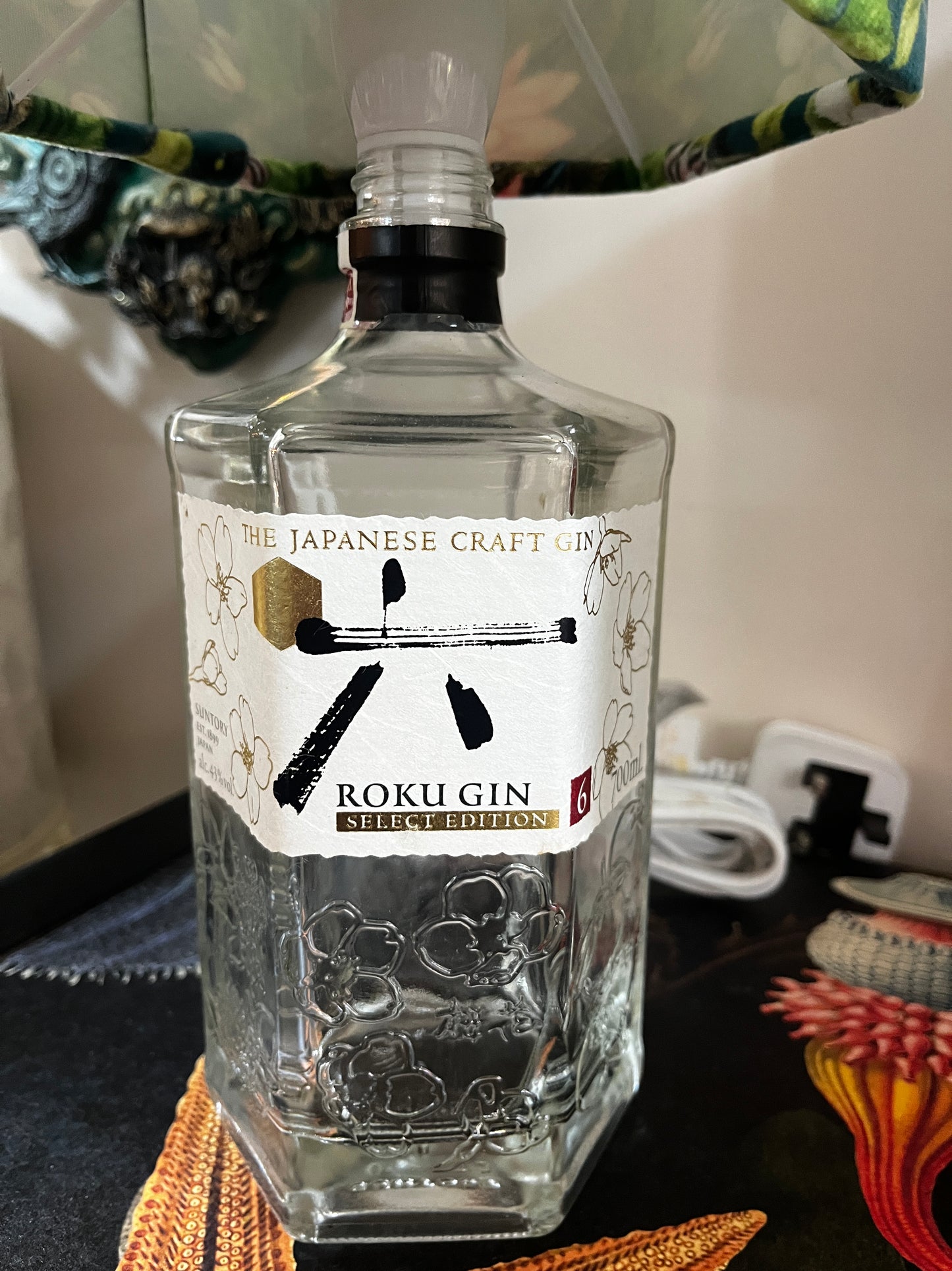 Upcycled Roko Gin Bottle lamp with Handmade 15cm Hexagonal Velvet Lampshade Botanical Wonders Fabric, with Koi and Herons