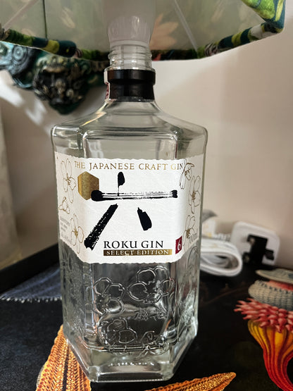 Upcycled Roko Gin Bottle lamp with Handmade 15cm Hexagonal Velvet Lampshade Botanical Wonders Fabric, with Koi and Herons